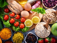  Assorted, colorful organic food products on the table 